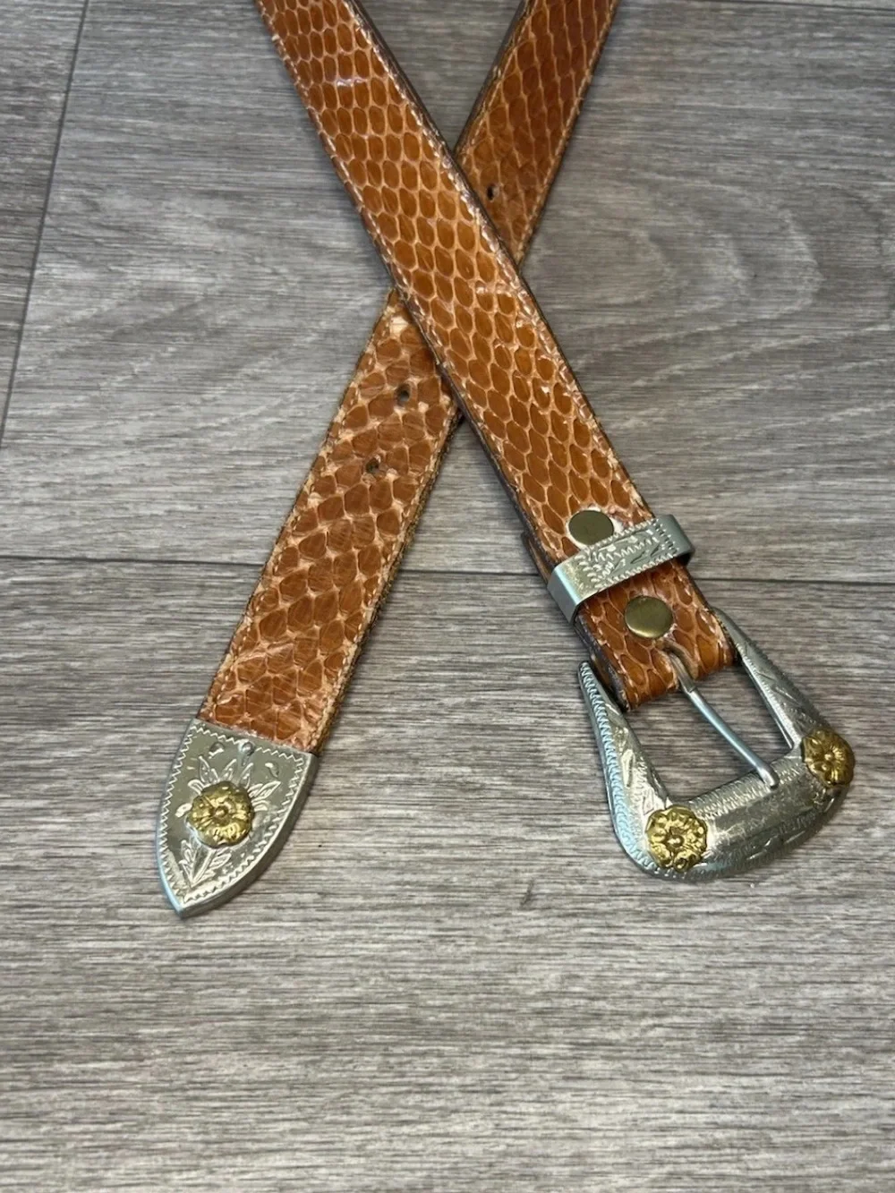 Vintage This Wicked West Genuine Snakeskin Belt German Silver Buckle Vail 34
